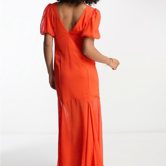 NWT ASOS Orange Chiffon Midi Dress Puff Sleeves Deep V Neck Ruffle Bottom Sz 4 - Picture 3 of 7